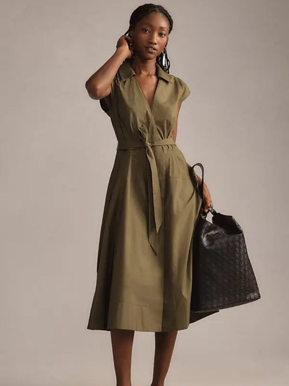 Anthropologie MAEVE Olive Green 100% Poplin A-Line Midi Shirt Dress, Size L